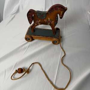 Vintage Hand-Carved Wooden Horse pull Toy